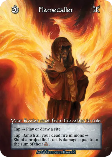 Flamecaller — Your Avatar rises from the ashes to rule — illustrated by Francesca Baerald