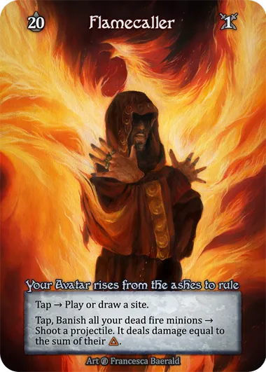 Flamecaller — Your Avatar rises from the ashes to rule — illustrated by Francesca Baerald
